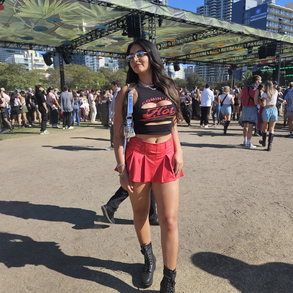 Red Pleated Mini Skirt with Black Graphic Crop Top